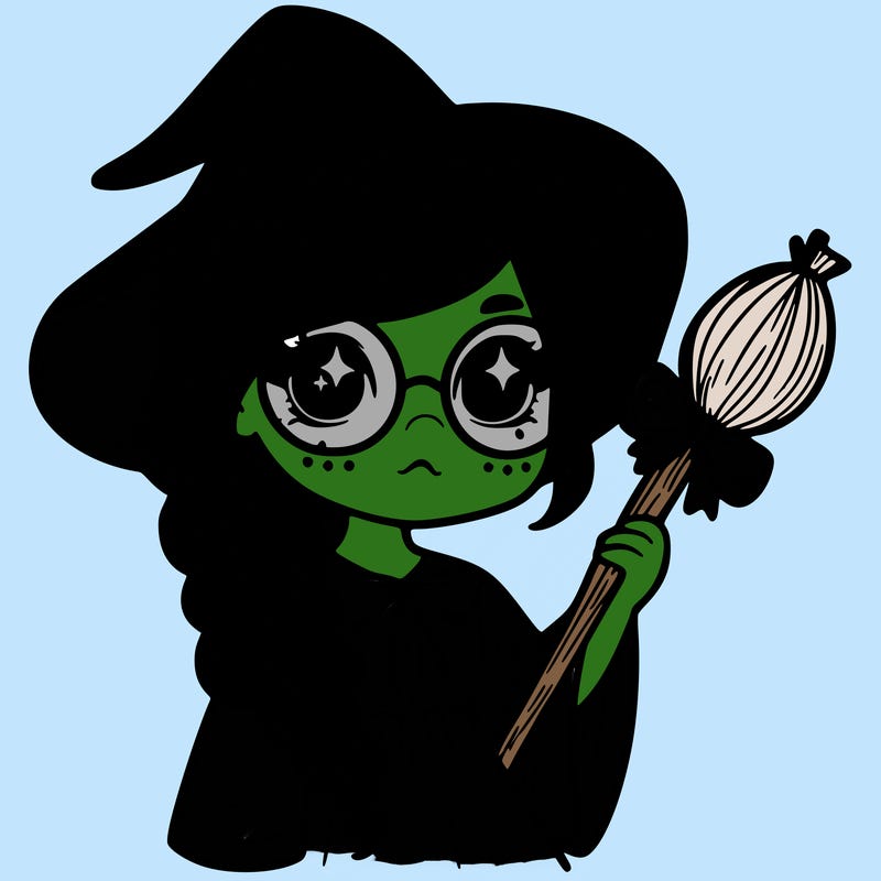 a witch with a braid and two glasses