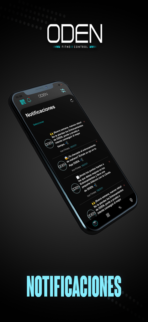 ODEN - The notifications screen of the ODEN fitness app showing workout and training reminders.