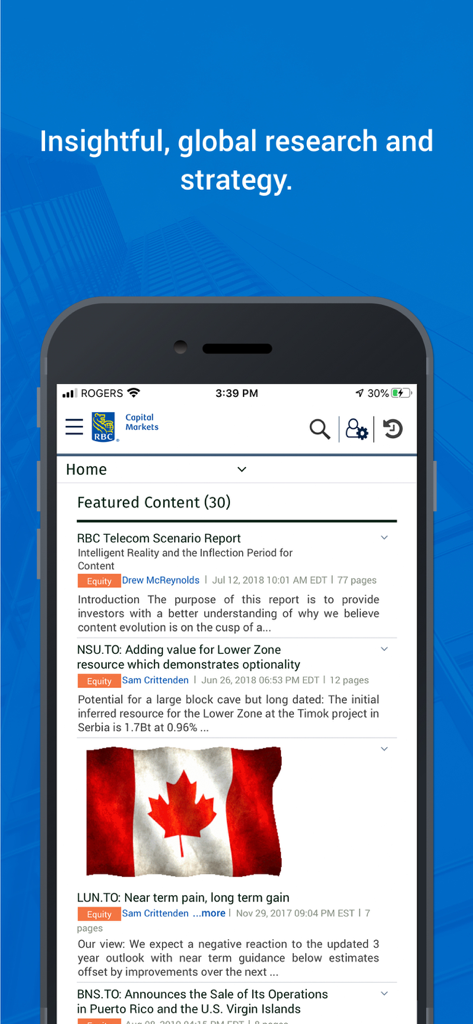 RBC Insight Research - RBC Insight Research mobile app displaying institutional financial reports and market strategy on the featured content screen