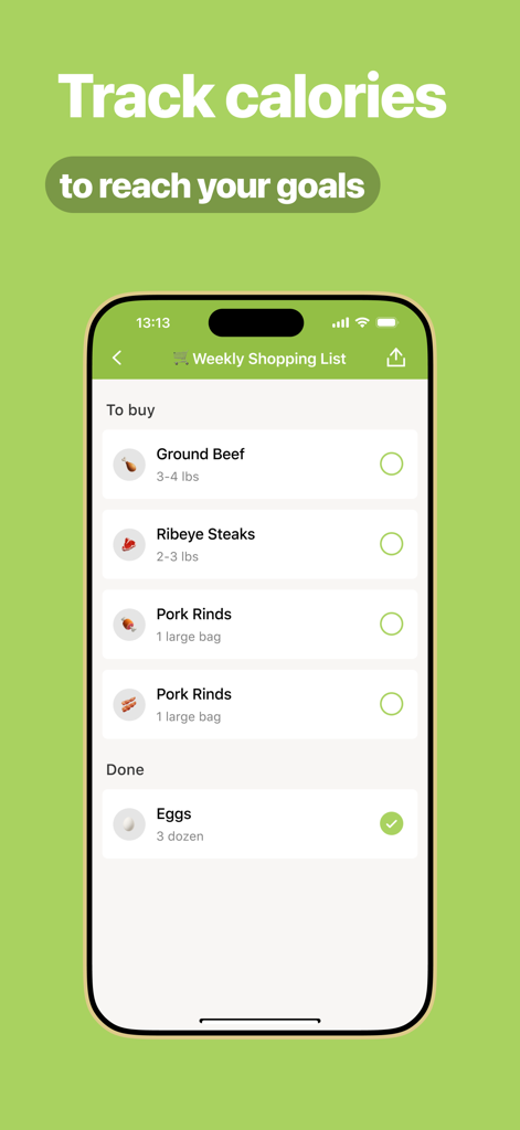 Vivid: Mediterranean Diet - Pantalla de teléfono móvil que muestra una lista de compras semanal y la función de seguimiento de calorías en la aplicación Vivid Mediterranean Diet.