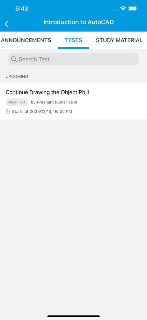 PTS CAD EXPERT - La aplicación PTS CAD EXPERT muestra la pantalla de próximas pruebas para un curso de AutoCAD.