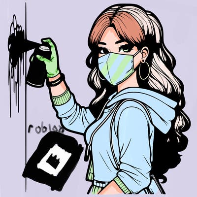 realistic girl with mask spray painting a wall