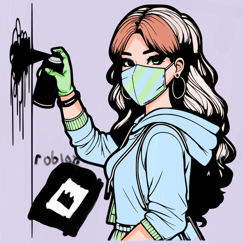 realistic girl with mask spray painting a wall