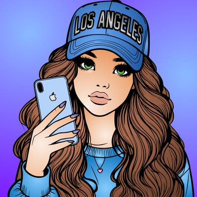 realistic beautiful girl wearing los ángeles cap holding an iphone