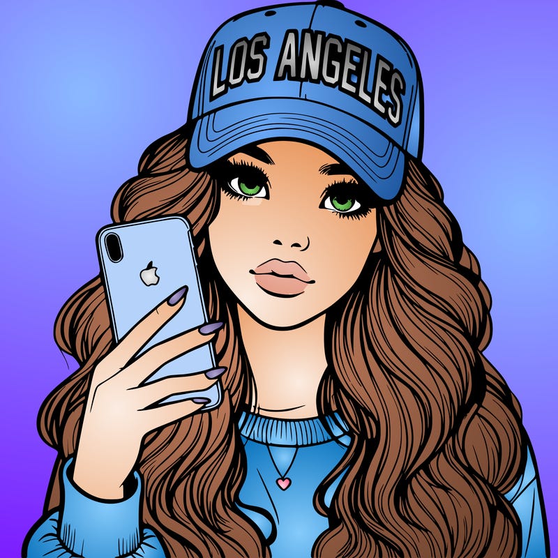 realistic beautiful girl wearing los ángeles cap holding an iphone
