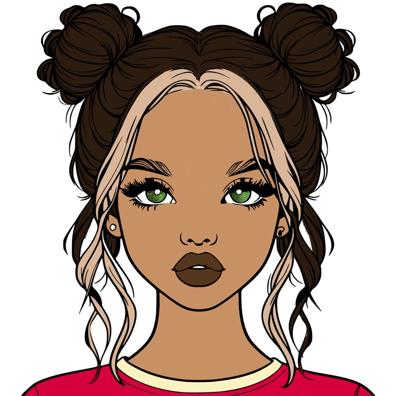 realistic girl with two buns in hair and lips