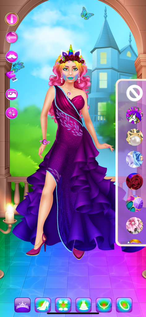 Makeover Games: Makeup & Spa - Eine Puppenfigur in einem lila Rüschenkleid und einem Einhorn-Stirnband in einem Makeover-Spiel.