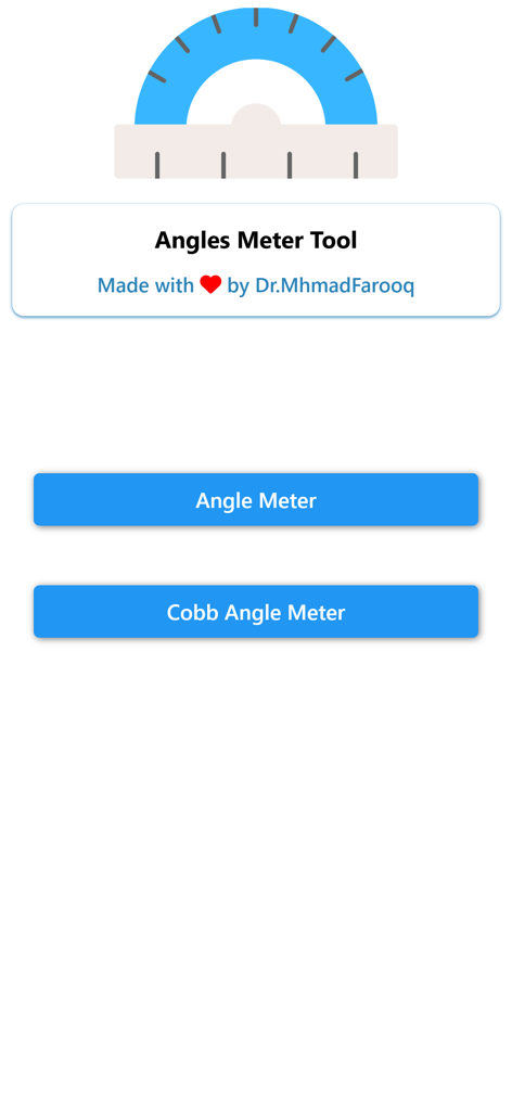 Angle Meter & Cobb Angle Meter - Main menu of the Angle Meter and Cobb Angle Meter app showing measurement options
