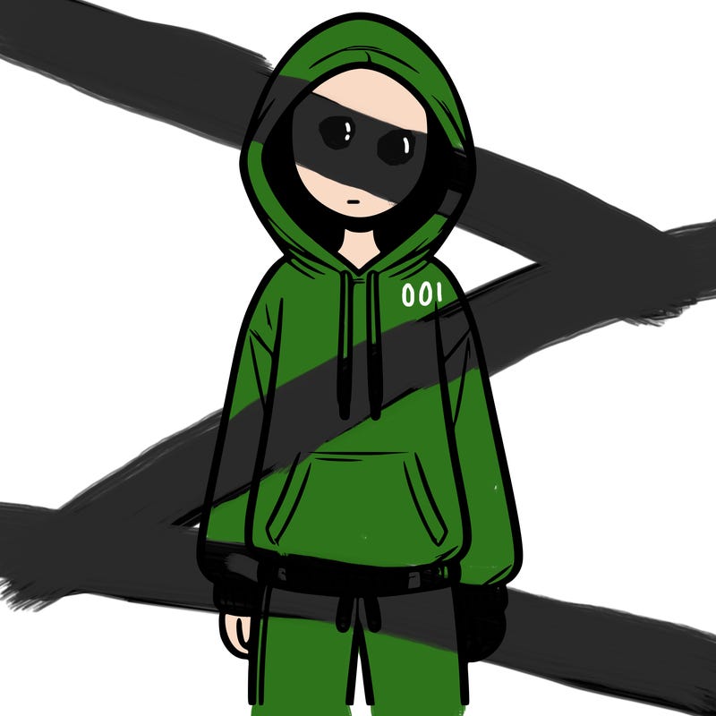 faceless girl in a tracksuit with a hood on and no hair