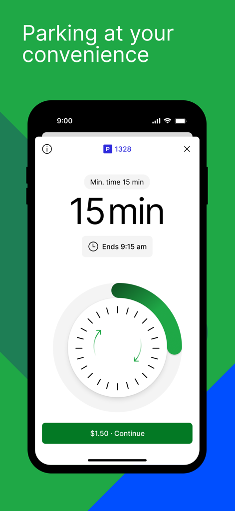 ParkMobile App-Bildschirm, der ein digitales Zifferblatt zur Auswahl der Parkdauer für eine einfache mobile Bezahlung zeigt
