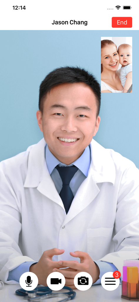 DrChrono OnPatient Portal - Telehealth video visit interface showing a doctor and a patient with her baby