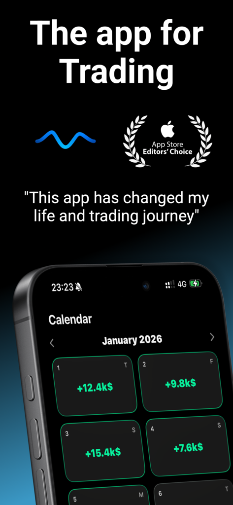 QuantView - Ai Trading Journal - iPhone screen displaying QuantView trading journal calendar with daily profit gains and App Store Editors Choice badge