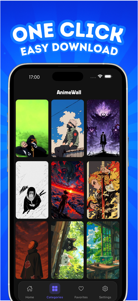 AnimeWalls:Anime Wallpapers - Un smartphone mostrando una colección de fondos de pantalla de anime en la interfaz de la aplicación AnimeWalls.