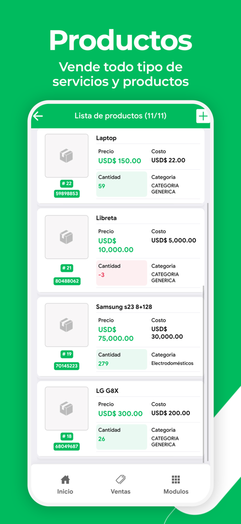 Ventas CLOUD - Interfaz de la aplicación móvil Ventas CLOUD que muestra una lista detallada de productos con stock de inventario y precios