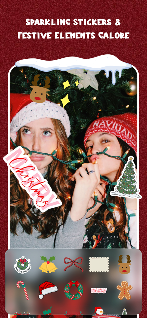 Colliz – DIY Wallpaper Craft - Interfaccia dell'app mobile per creare collage di foto natalizie con adesivi e cornici festive