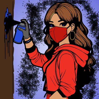 realistic girl with mask spray painting a wall