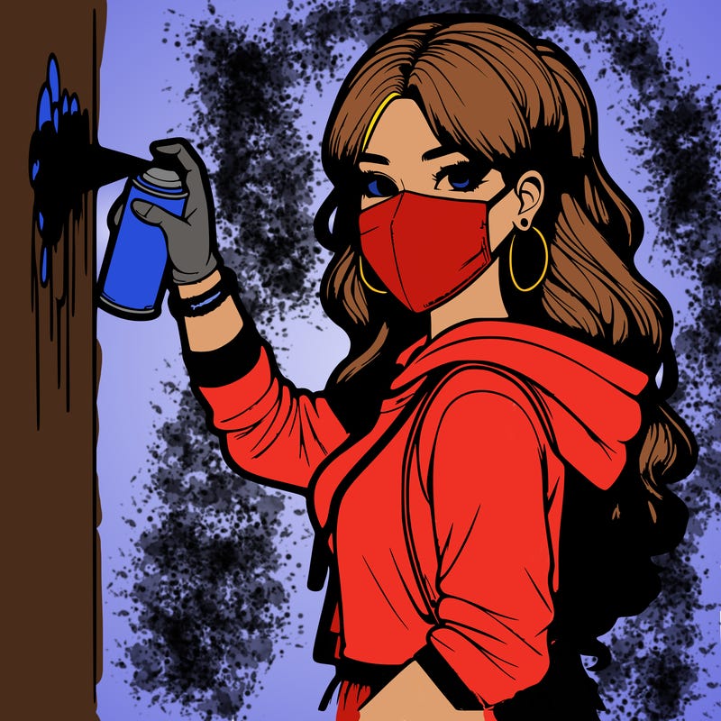 realistic girl with mask spray painting a wall