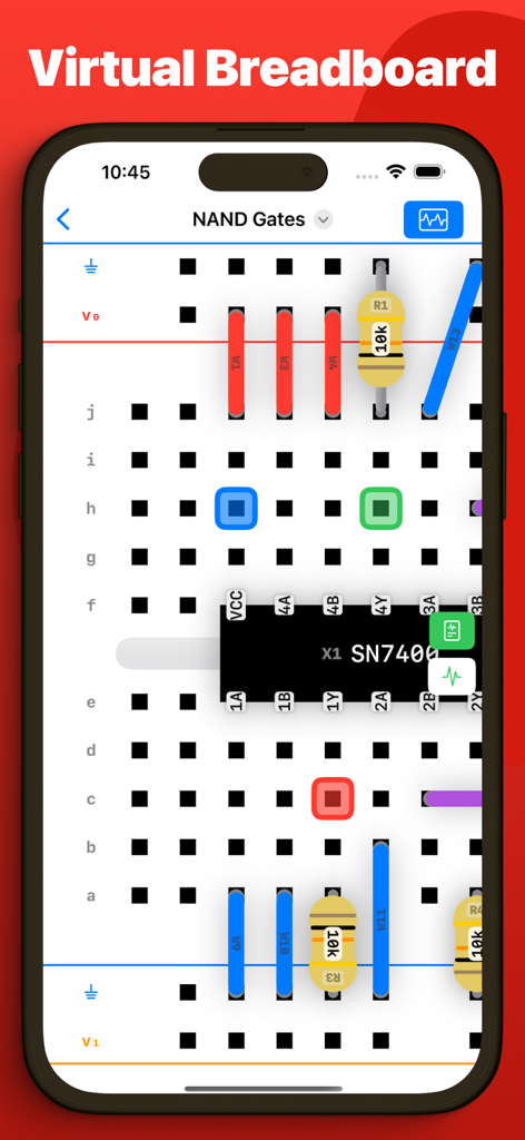 Breadpad - SPICE Simulator - A smartphone screen displaying a virtual breadboard with electronic components like resistors and a NAND gate chip for circuit simulation