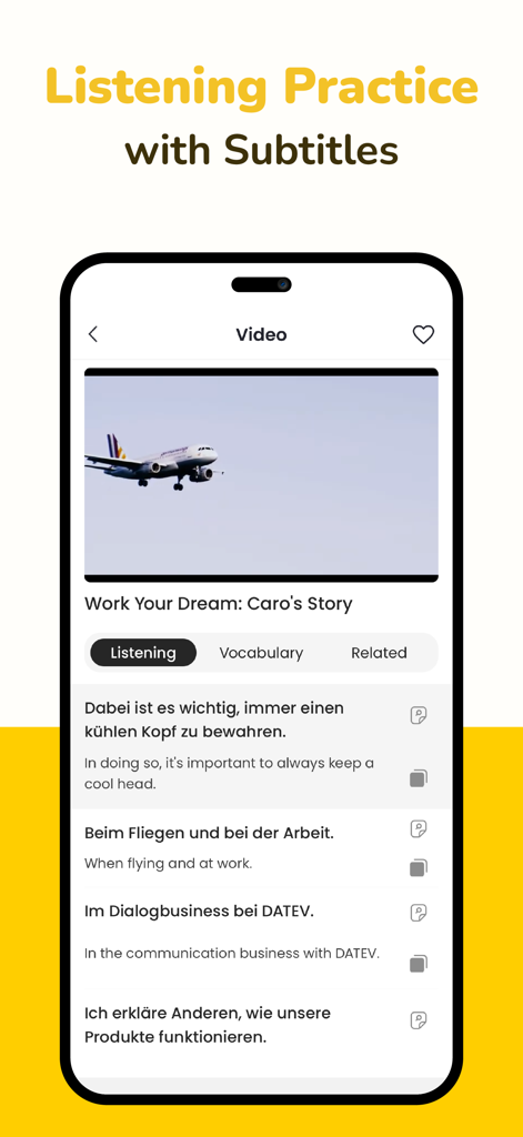 Todaii: Learn German A1-C1 - German language listening practice screen in Todaii app featuring a video with bilingual German and English subtitles
