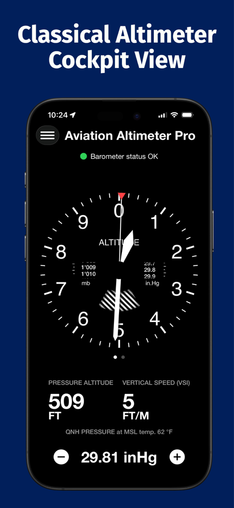 Aviation Altimeter Pro - Aviation Altimeter Pro app showing a classic analog altimeter dial and vertical speed indicator on an iPhone