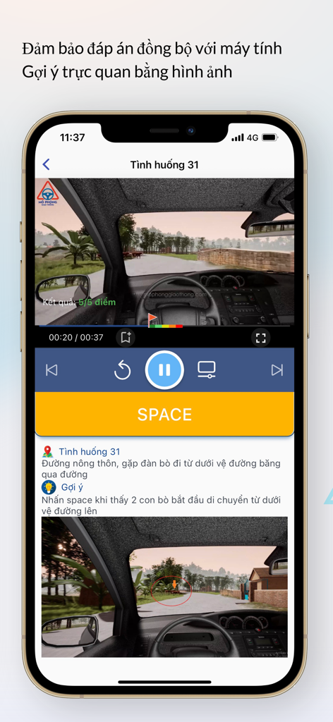 Mô Phỏng Giao Thông V2.0.0 - Interfaccia dell'app di simulazione di guida vietnamita che mostra uno scenario di pericolo stradale con suggerimenti visivi
