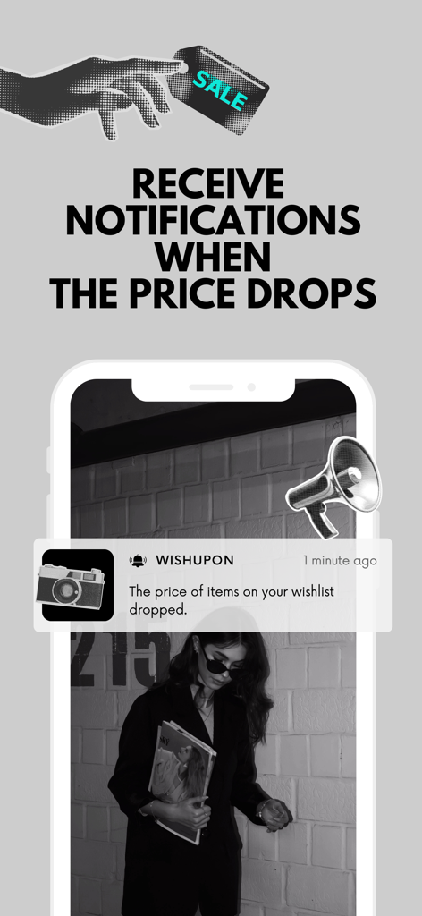 WISHUPON - Shopping Wishlist - A smartphone displaying a price drop notification from the WISHUPON app with a sale tag illustration.