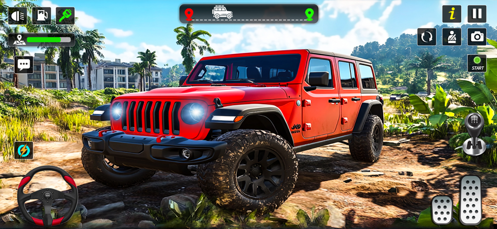 Um jipe vermelho off road estacionado em um caminho de terra em uma paisagem tropical do jogo Long Road Trip Car Simulator