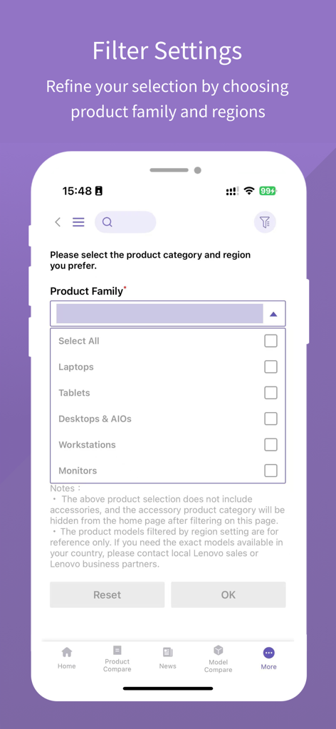 Lenovo PSREF - Lenovo PSREF app filter settings screen showing product family categories like laptops and tablets