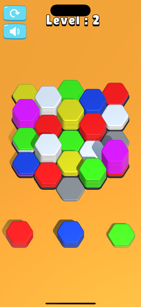Hexa Sort Game - Gameplay screenshot of Hexa Sort Game showing colorful hexagonal tiles stacked on an orange background at level 2