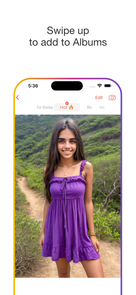 PhotoBot - Endless timer cam - Pantalla del smartphone mostrando el gesto de deslizar hacia arriba para agregar fotos a álbumes en la aplicación PhotoBot
