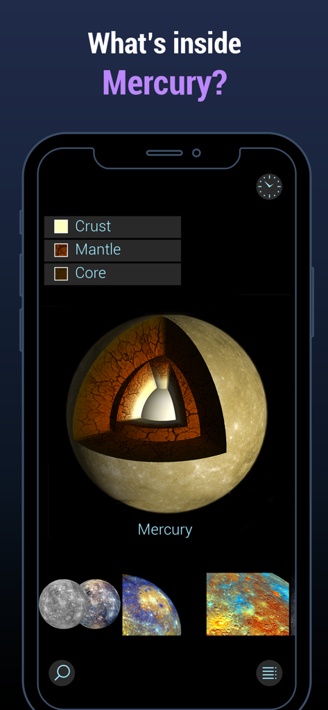 A 3D cross section of Mercury showing its internal layers in the Solar Walk Lite app