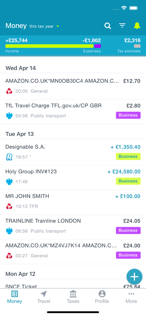 "untied" - personal tax app - Tela móvel do aplicativo de impostos untied mostrando uma lista de transações bancárias marcadas como despesas de negócios e renda para avaliação fiscal no Reino Unido