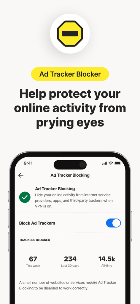 Norton VPN app interface showing the ad tracker blocking feature and statistics.