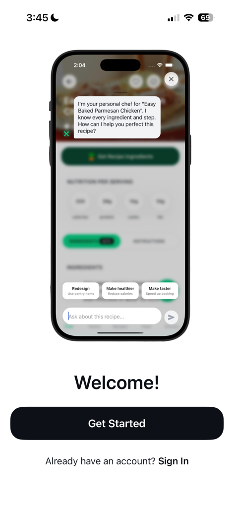 SmartCart - AI Meal Planner - Tela de boas-vindas do aplicativo SmartCart apresentando um assistente de chef de IA para personalização de receitas.