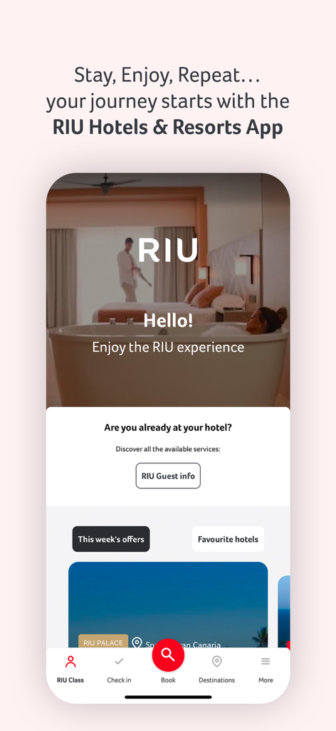A tela inicial do aplicativo móvel RIU Hotels and Resorts com informações de reserva de hotéis e hóspedes.