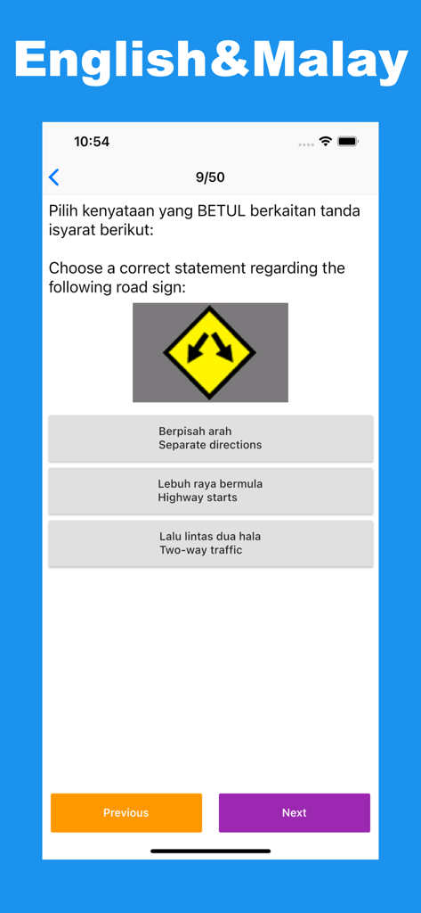 KPP Test 2026 app interface showing a road sign practice question in English and Malay
