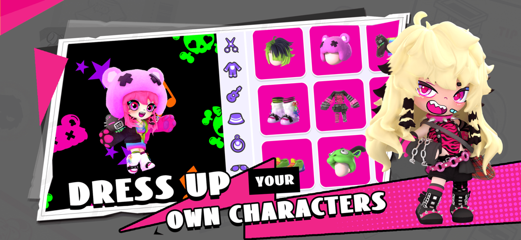 Uma tela mostrando a personalização de personagens 3D e opções de vestir no aplicativo BUD.