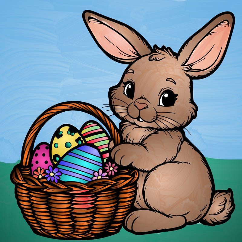 easter bunny with a basket with eggs realistic