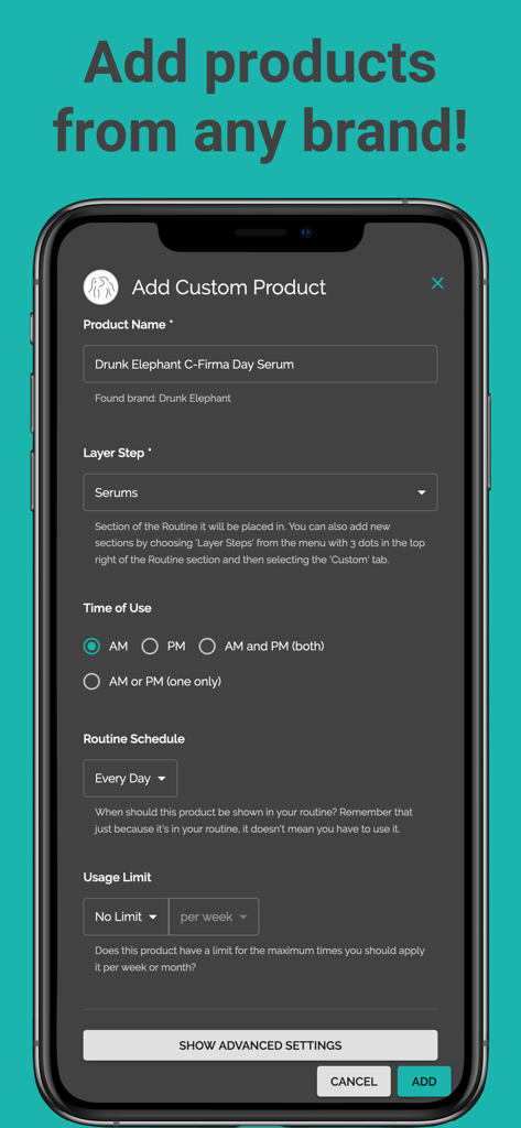 A smartphone showing the Add Custom Product screen in the Skincare Routine app with a serum from Drunk Elephant being added.