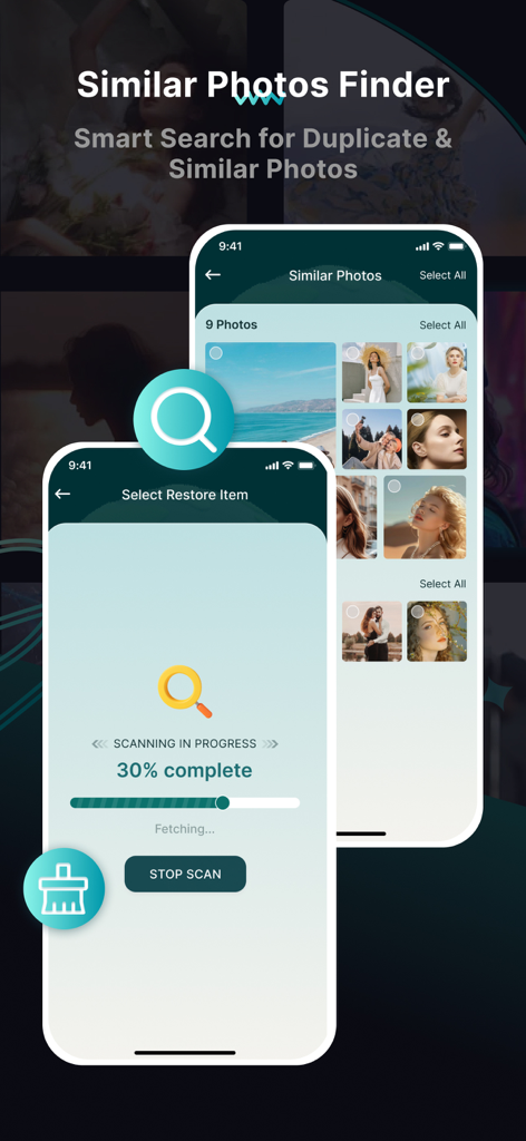 Photo Recovery-Recover Photos - 類似写真のスキャンとクリーニング用の重複画像グリッドを示すiPhoneアプリインターフェイス。