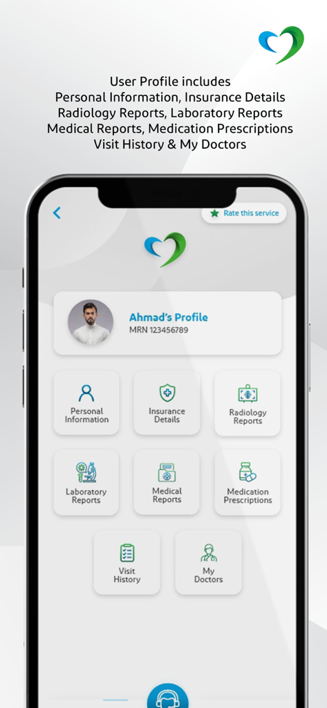 Saudi German Health - Saudi German Health app user profile screen showing medical records insurance details and lab reports
