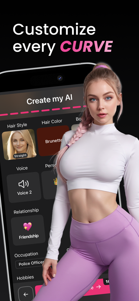Ourdream – AI Girlfriend - Schermata di personalizzazione del personaggio nell'app Ourdream AI Girlfriend con un avatar femminile realistico e varie opzioni di tratti