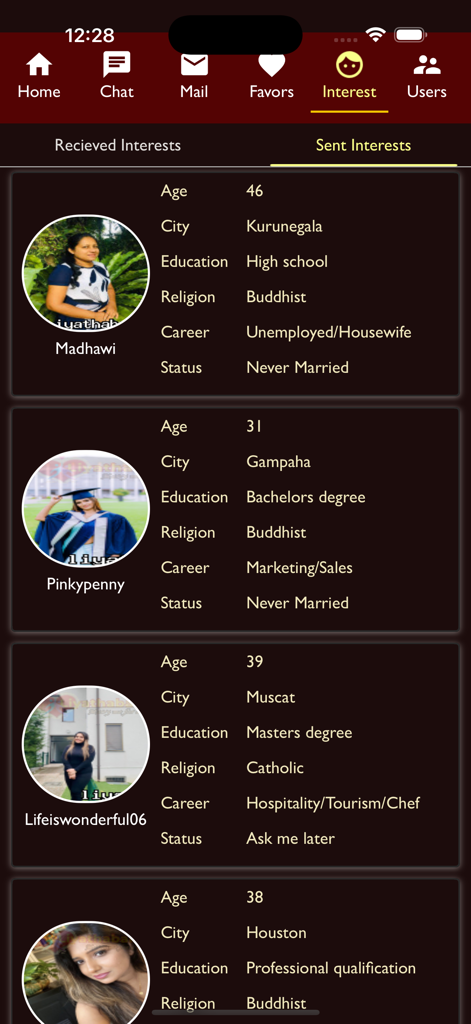 Marriage Proposals Sri Lanka - Sent interests screen in the Marriage Proposals Sri Lanka app showing profiles with age city religion and education details