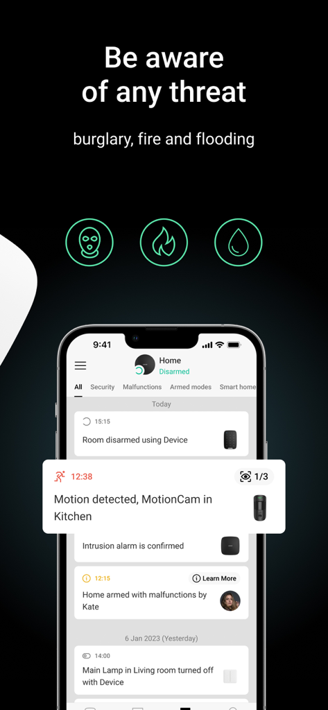 Ajax Security System app showing real-time notifications for burglary fire and flooding threats