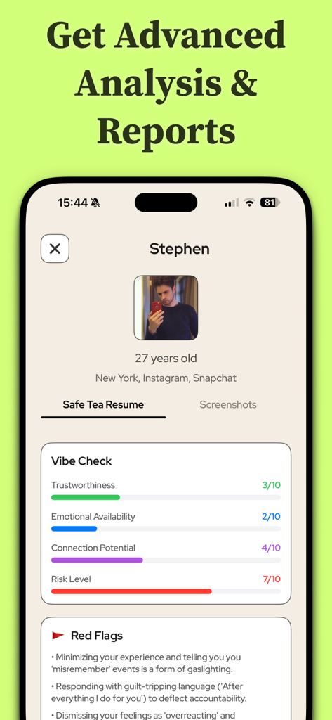 Tea App for Women - Safe Tea - A mobile screen showing a Safe Tea app analysis report of a dating profile including a vibe check and red flags list.