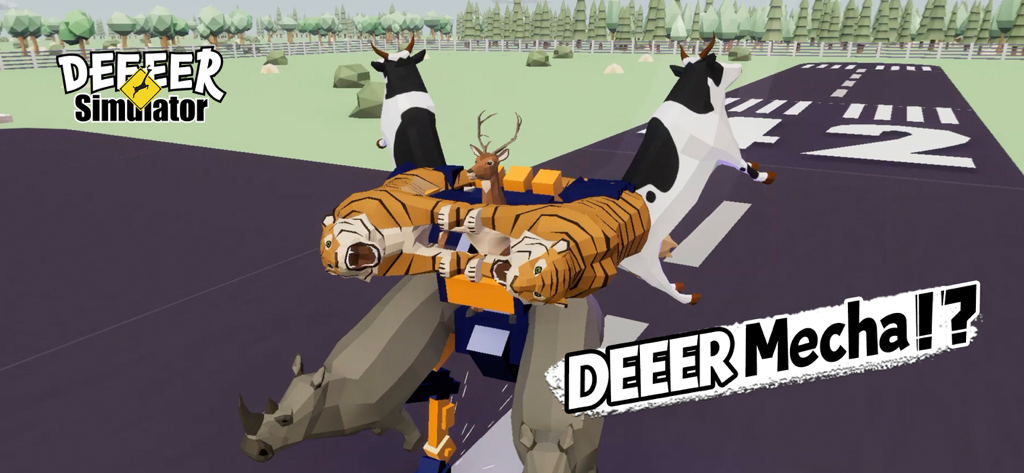 A giant mecha robot composed of tigers cows and rhinos with a deer at the center in DEEEER Simulator.