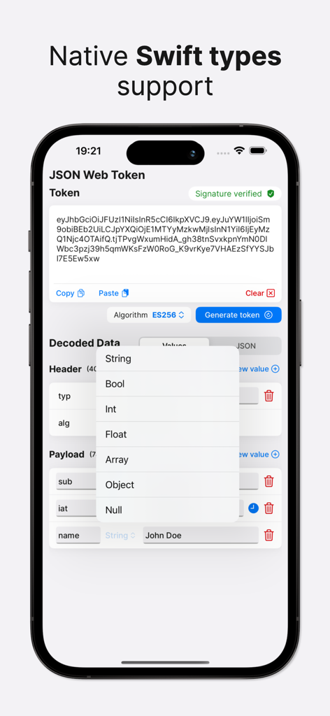 JSON Web Token - Interface of the JSON Web Token app showing native Swift type support for editing payload data.
