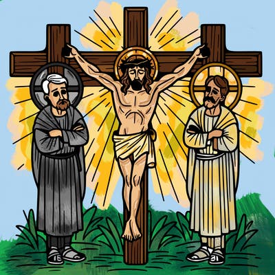 jesus on the cross and two people next to him on the cross jesus in the middle and a good man on the right and a bad man kn the left