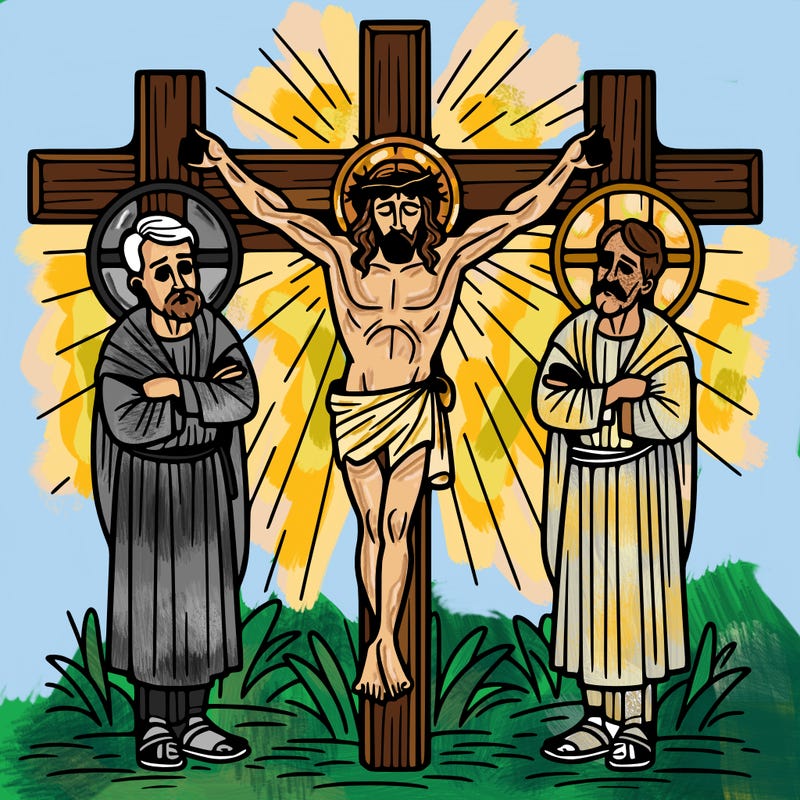 jesus on the cross and two people next to him on the cross jesus in the middle and a good man on the right and a bad man kn the left