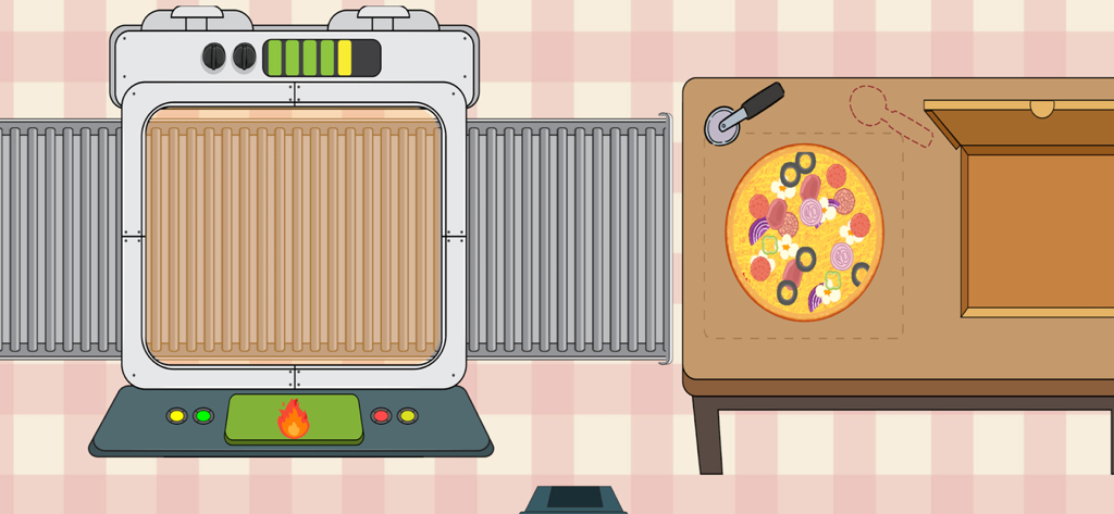 調理シミュレーションゲームのコンベアベルトオーブンの隣にある箱詰めする準備ができたデジタルピザ